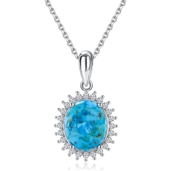 Sterling Silver 3.3 Carat Turquoise & White Sapphire Pendant Necklace, Adjustabl - Picture 1 of 7